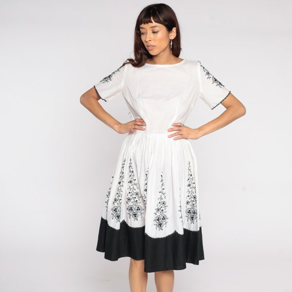 60s Dress Black White Party Floral Embroidered Dress 1960s Dress Midi COTTON Pleated Prom Formal Vintage High Waist Mad Men Small S