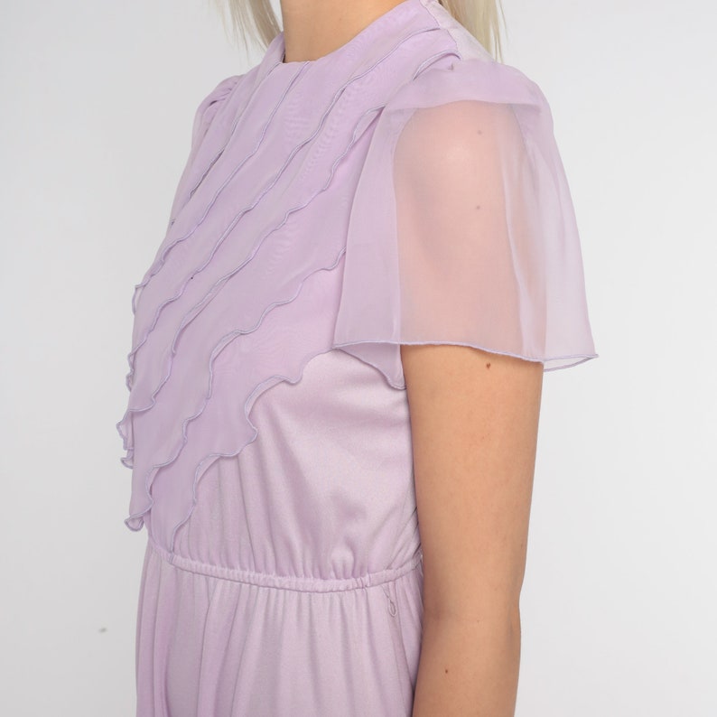 Lavender Party Dress 70s Maxi Dress Asymmetrical Chiffon Ruffle Sheer Puff Sleeve High Waisted Formal Pastel Purple Gown Vintage 1970s Small image 6