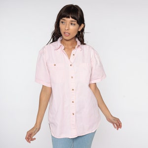 Pink Shirt 90s Pastel Pink Collared Short Sleeve Button Up Shirt Basic Short Sleeve Baby Pink Preppy Shirt 1990s Plain Casual Medium Large