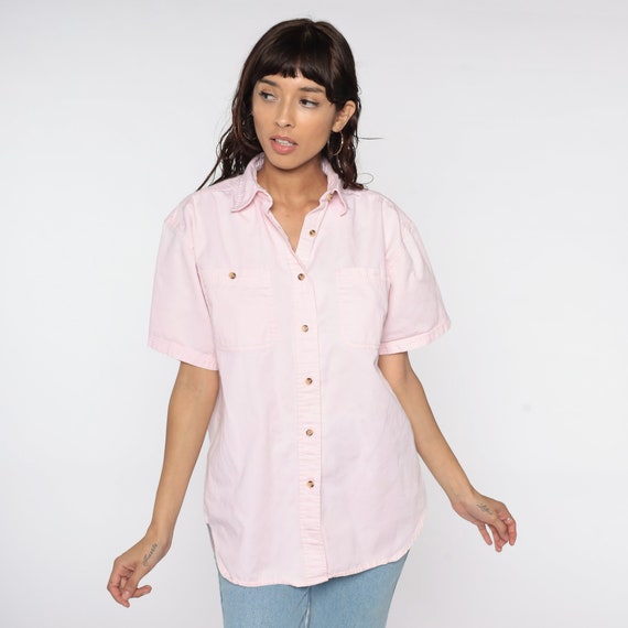 Pink Shirt 90s Pastel Pink Collared Short Sleeve Button Up Shirt Basic Short Sleeve Baby Pink Preppy Shirt 1990s Plain Casual Medium Large