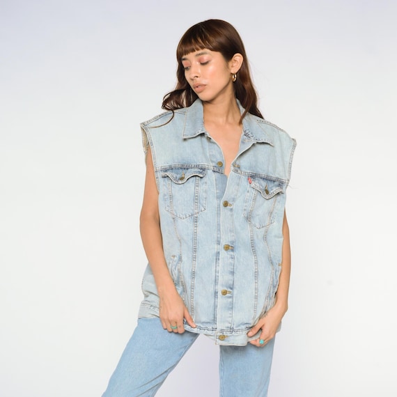 Levi Denim Vest Y2K Light Blue Sleeveless Jacket Vintage Levis Strauss Co 90s Grunge Streetwear Casual Fall Winter Layer Western XXL 2XL 18