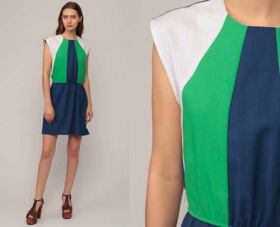 70s Mini Dress Stripe Dress 1970s Retro Dress High Waisted Vintage Short Cap Sleeve Navy Blue White Green 80s Bohemian Large
