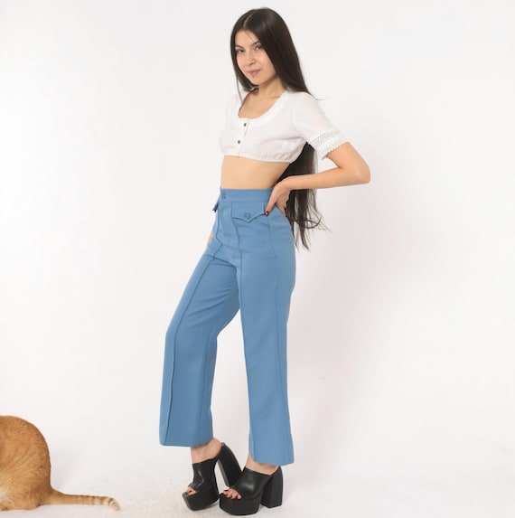 70s Blue Wide Leg Trousers High Waisted Flare Pants Button Cropped Ankle Slacks Vintage Women's Bottoms Hippie Bohemian Extra Small XS