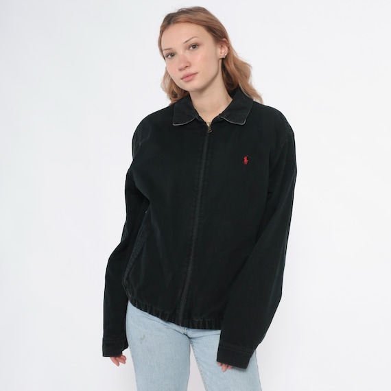 Polo Ralph Lauren 90s Black Zip Jacket Cotton Long Sleeve Preppy Casual Vintage Golfing Bomber Minimalist Collegiate Dark Academia Medium M