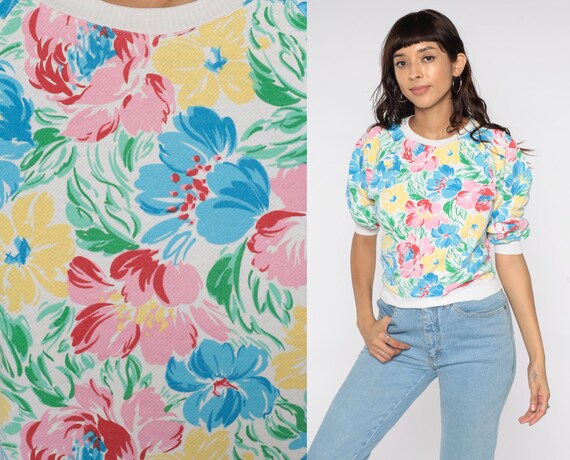 White Floral Shirt 80s Long Sleeve Shirt Blue Pink Flower Print Yellow 1980s Vintage Top Raglan Sleeve Extra Small XS