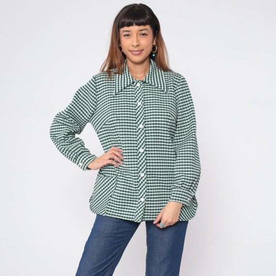 70s Checkered Blouse Button up Shirt Green White Houndstooth Check Print Top Collared Long Sleeve Longline Mod Vintage 1970s Extra Large xl