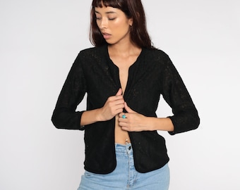 Black Lace Jacket Sheer Cardigan Jacket 70s Gothic Boho Cardigan Jacket Vintage Open Front 1970s Bohemian Small S