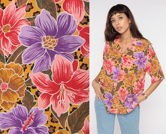 Floral Blouse 90s Leopard Print Button 
