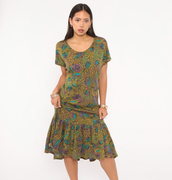 Olive Floral Drop Waist Dress 2000s V Neck Ruffle Hem Midi Purple Teal Botanical Cotton Tropical Leaf Vine Pattern Eclectic Summer Small S
