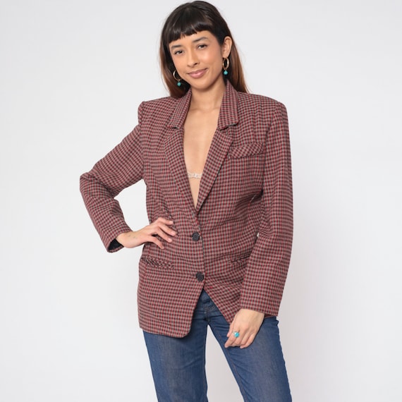 90s Plaid Blazer Jacket Wool Blend Button up Jacket Red Grey Checkered Print Preppy Academia Clueless Retro Vintage 1990s Rampage Small S