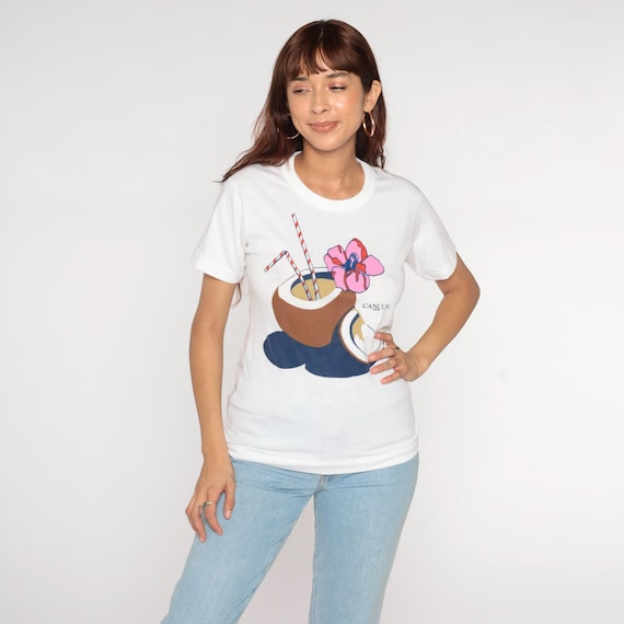 Vintage 80s Cancun T-Shirt Tropical Coconut Mexico Shirt White Graphic Travel Destination Short Sleeve TShirt 1980s Single Stitch Small XS