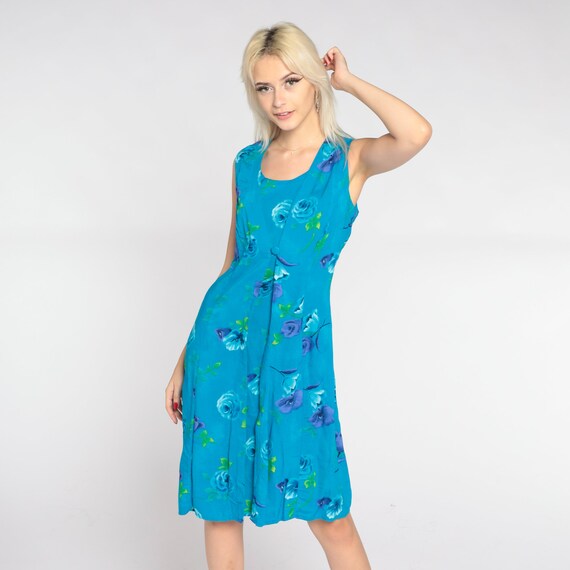 Floral Sundress 90s Blue Mini Dress Retro Flower Rose Print Summer Day Dress A Line Sleeveless Scoop Neck Vintage 1990s Large Petite 16