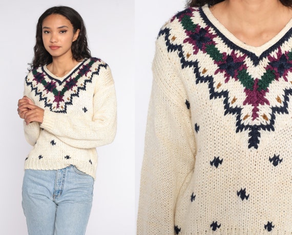 Cream Geometric Sweater 80s V Neck Sweater Knit Jumper 1980s Bohemian Vintage Pullover Acrylic Small S