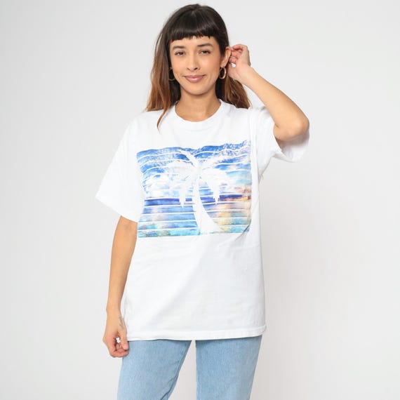 Palm Tree Graphic T-Shirt Raised Beach Sunset Print White Short Sleeve Crew Neck Relaxed Fit Coastal Vacation Tee Cotton Large L
