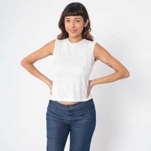 White Lace Blouse 60s Sleeveless Shirt Retro Cropped Sixties Blouse Boho Romantic Mod Button Back Tank Top Party Formal Vintage 1960s Small