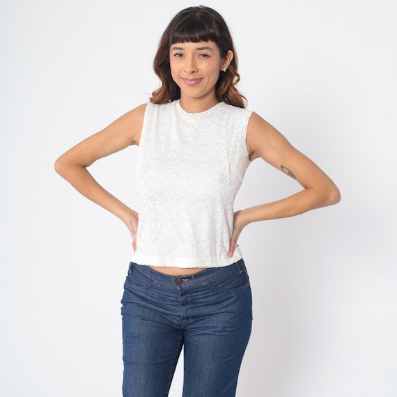 White Lace Blouse 60s Sleeveless Shirt Retro Cropped Sixties Blouse Boho Romantic Mod Button Back Tank Top Party Formal Vintage 1960s Small