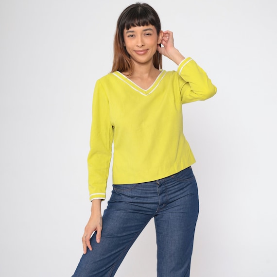 60s Chartreuse Yellow Blouse Young Edwardian Shirt Long Sleeve V-Neck Top Vintage 1960s Retro Ringer Neckline Bright Medium
