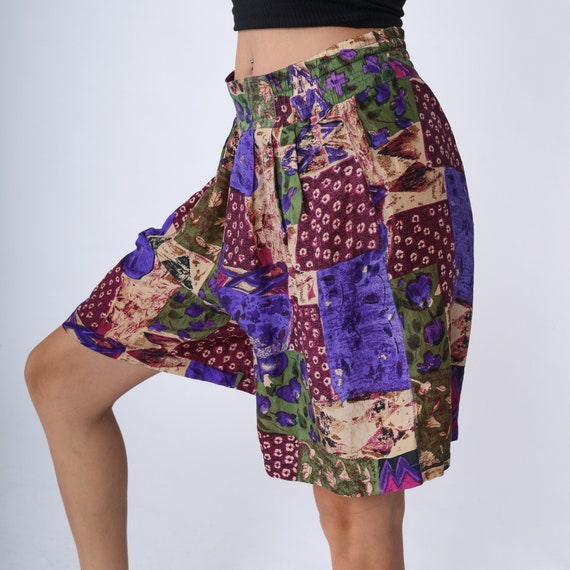 90s Silk Shorts Patchwork Floral Print Pleated Shorts Baggy Boho High Waisted Wide Leg Bermuda Shorts 1990s Vintage Tan Purple Small Medium