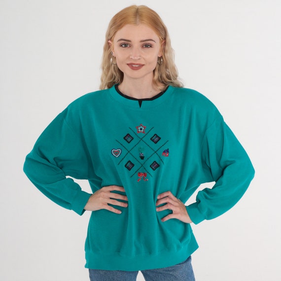 Embroidered Sweatshirt 90s Teal Pullover Sweater Plaid Patch Bow Heart Tree Star House Retro Grandma Crewneck 1990s Vintage Petite 2xl xxl