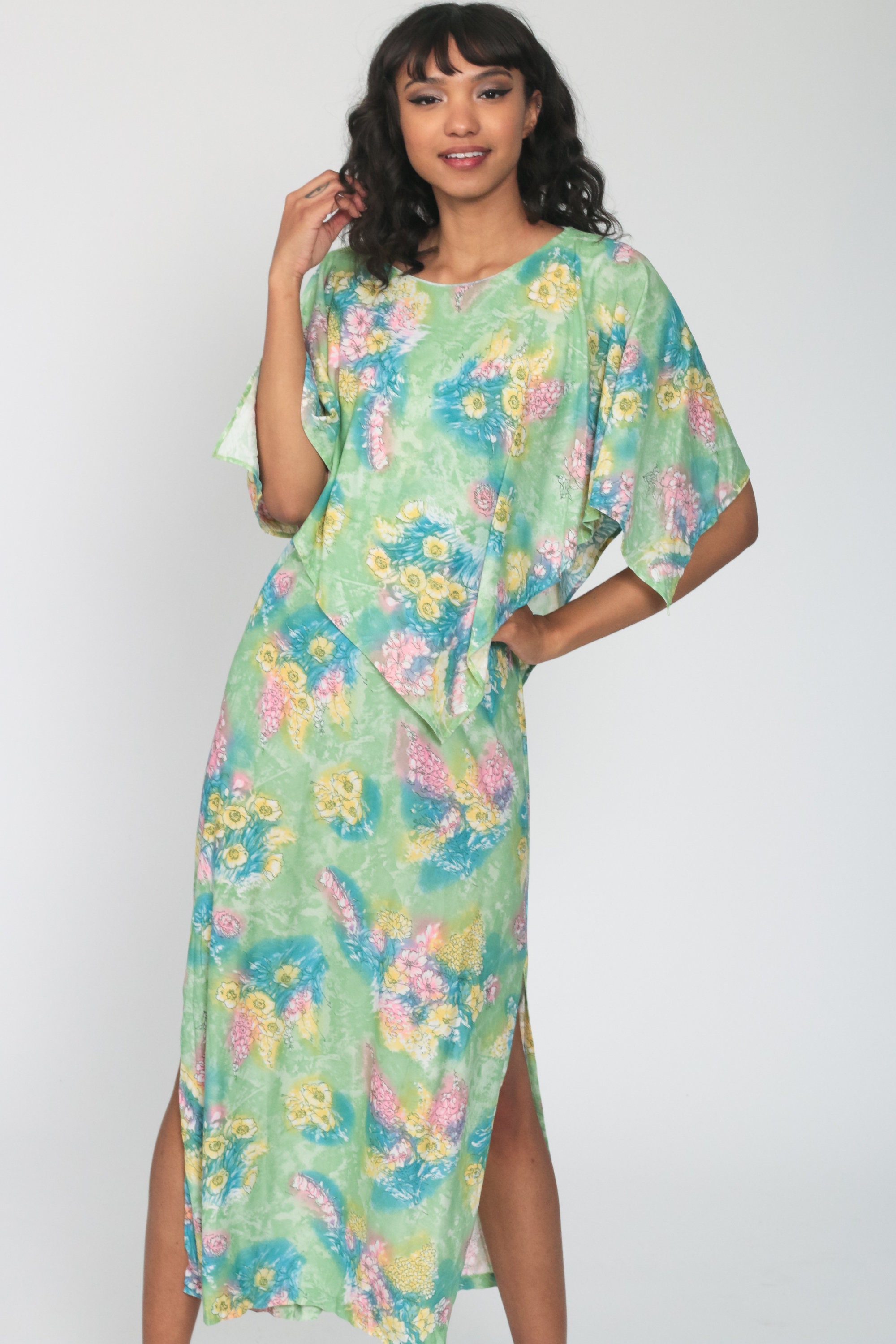 Hippie Maxi Dress 70s Capelet Green Floral Print Boho Dress | Etsy