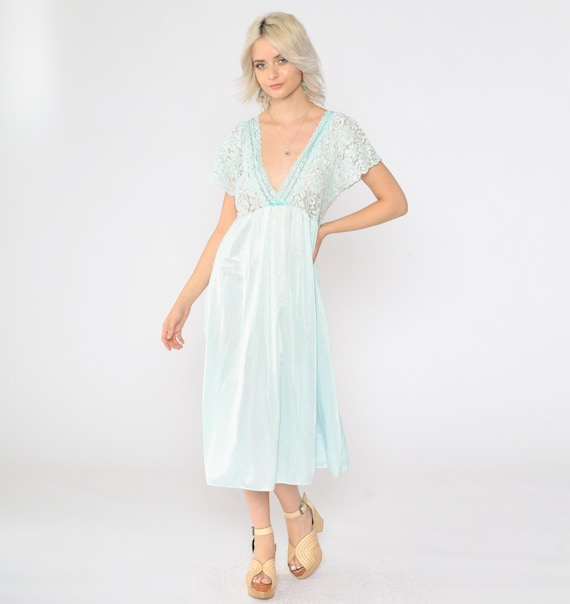 80s Aqua Lace Nightgown Slip Dress Sheer Midi Lingerie Vintage 1980s V Neck High Waist Nightie Seafoam Romantic Short Flutter Sleeve Medium