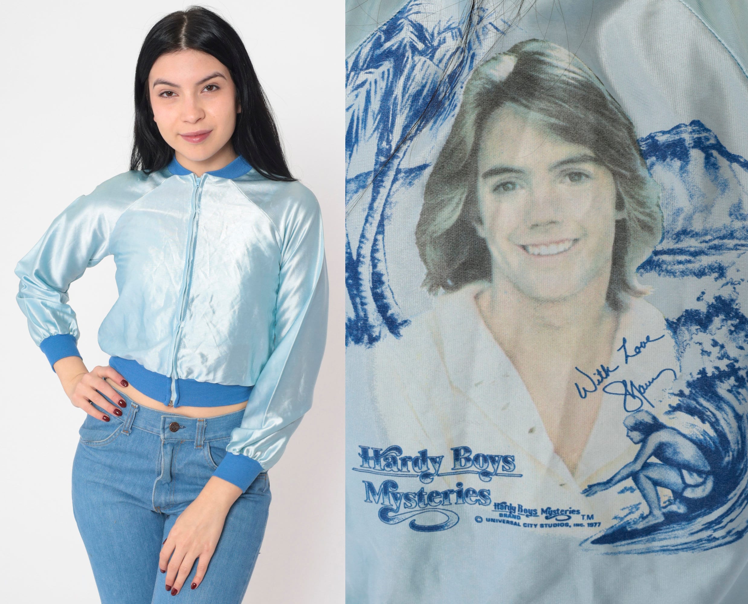 70s Hardy Boys Jacket Blue Shaun Cassidy Cropped Satin Bomber