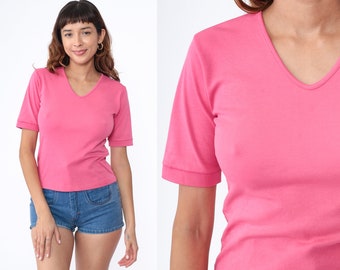 Bright Pink T-Shirt 80s Soft V Neck T Shirt Short Sleeve Top Retro Plain TShirt Solid Basic Casual Tee Single Stitch Vintage 1980s Small S