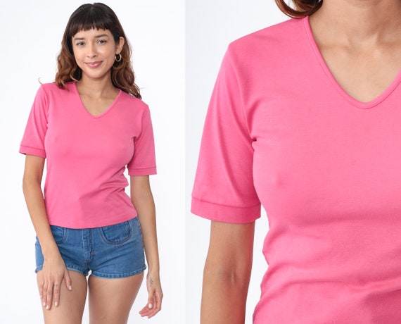 Bright Pink T-Shirt 80s Soft V Neck T Shirt Short Sleeve Top Retro Plain TShirt Solid Basic Casual Tee Single Stitch Vintage 1980s Small S