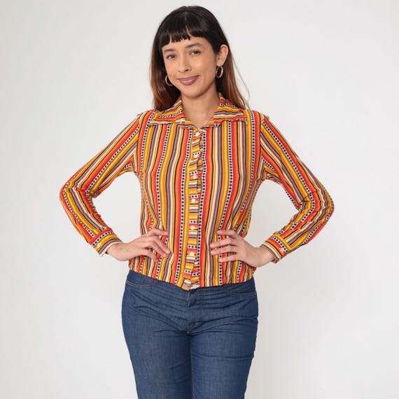 70s Orange Striped Shirt Yellow Red Blouse Long Sleeve Boho Top Button Up 1970s Dagger Collar Vertical Stripe Small S