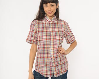 90s Plaid Shirt Multicolor Check Button Front Cotton Preppy Collegiate Rainbow Vintage Blouse Colorful Summer Festival Top Women Small S