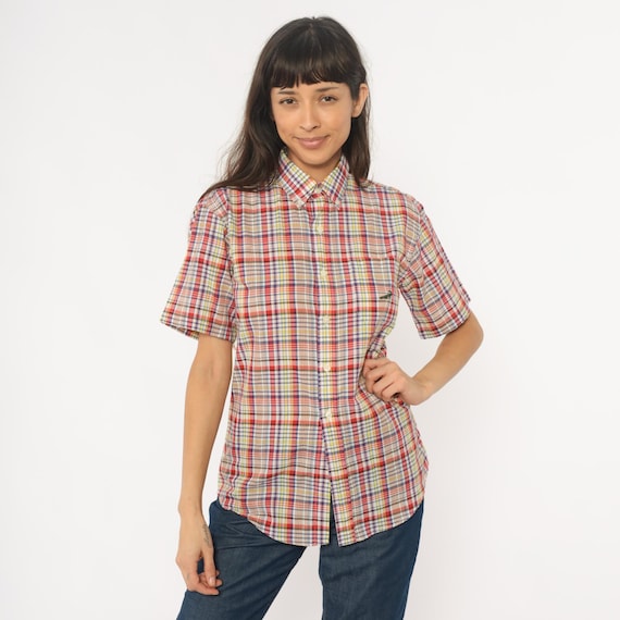 90s Plaid Shirt Multicolor Check Button Front Cotton Preppy Collegiate Rainbow Vintage Blouse Colorful Summer Festival Top Women Small S