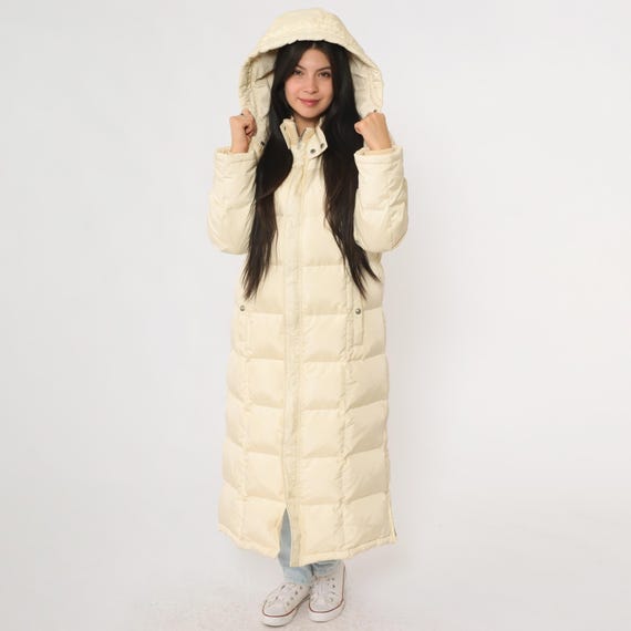 Ralph Lauren Puffer Coat Vintage Y2K Ivory Long  Hooded Maxi Length Quilted Down Feather Fill Winter Jacket Snow Outerwear Labelled Large L