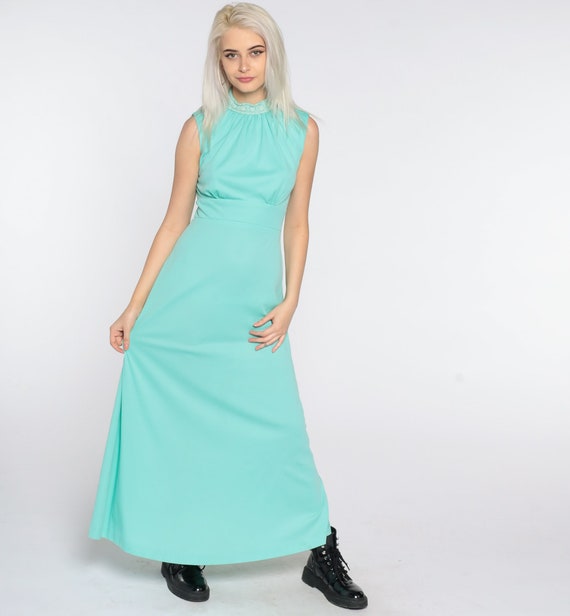 Long Party Dress 1970s Maxi Dress Seafoam 70s GRECIAN Boho High Neck Dress Polyester Long Empire Waist Vintage Sleeveless Bohemian Small 4