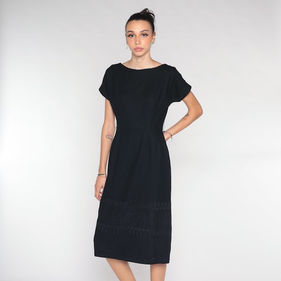 Black Midi Dress Y2k Embroidered Wool Dress Preppy Retro Minimalist Cap Sleeve High Waisted Sleeve Shift Plain Basic Vintage 00s Small