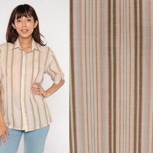 Striped Shirt 70s 80s Button Up Shirt Short Sleeve Retro Preppy Button Down Top Tan Brown Green Pink Blue Vintage 1970s Medium 15 1/2