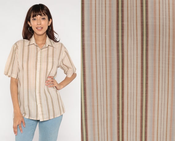 Striped Shirt 70s 80s Button Up Shirt Short Sleeve Retro Preppy Button Down Top Tan Brown Green Pink Blue Vintage 1970s Medium 15 1/2