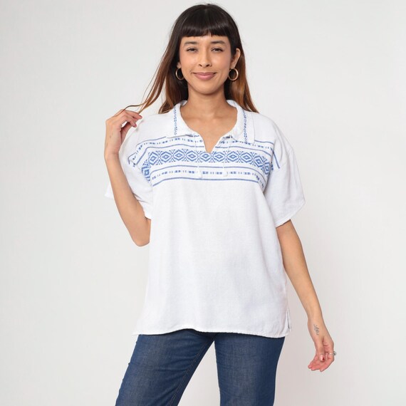 White Tunic Top Embroidered Aztec Blouse 90s Hippie Shirt Bohemian Blue Festival Boho Top 1990s Tie Neck Woven Short Sleeve Medium