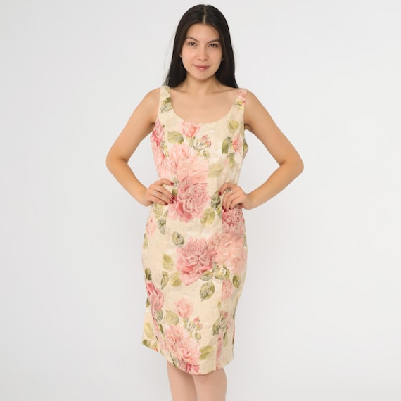 Jacquard Floral Sheath Dress 90s Mini Dress Cream Pink Rose Print Sleeveless Scoop Neck Pencil Retro Garden Party Vintage 1990s Small 6