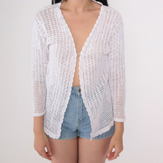 Sheer White Crochet Cardigan 90s Knit Open Front … - image 7