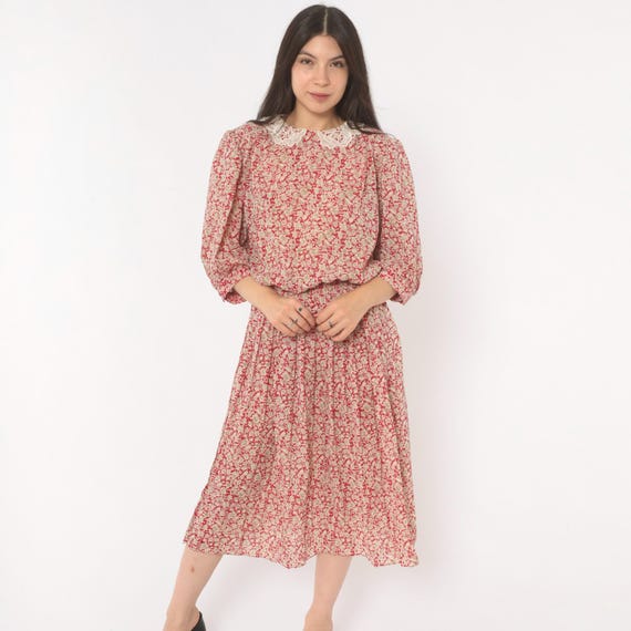 Lace Collar Floral Dress 90s Red Cream Blouson Drop Waist Puff Sleeve Prairie Cottagecore Keyhole Back Button Midi Frock Medium Large ML