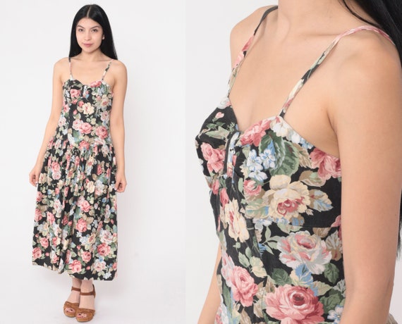 Floral Sun Dress 80s Basque Waist Midi Dress Blac… - image 1