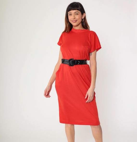 80s Red Pencil Dress Vintage Fitted Midi Dress Black Belted Mock Neck Short Sleeve High Waisted Secretary Sheath Plain 1980s Medium M