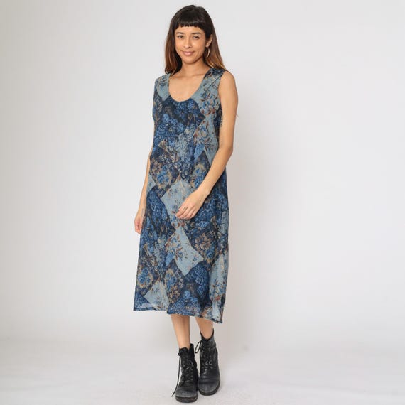 Vintage Patchwork Floral Dress 90s Blue Grunge Sundress Sleeveless Midi Flower Print Day Dress Boho Summer Hippie Casual Tank 1990s Size 18