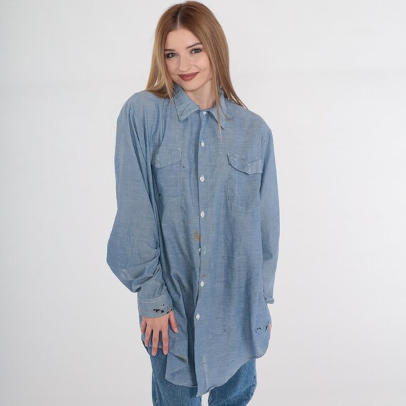 Vintage Distressed Chambray Shirt 80s Blue Button up Shirt Paint Splattered Long sleeve Retro Pocket Boyfriend Key Imperial 1980s Mens XL