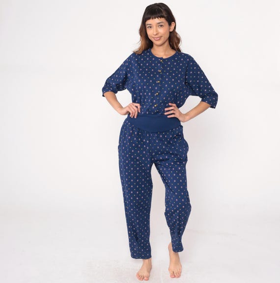 80s Geometric Jumpsuit Blue One Piece Button Front Top Elastic Waist Pants 3/4 Sleeve Diamond Pattern Vintage Loungewear Summer Medium M