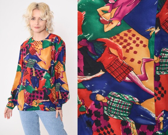 Fashion Print Blouse 90s Checkered Runway Model Art Print Shirt Multicolor Patterned Top Long Sleeve Blouse Novelty Vintage 1990s Large 12