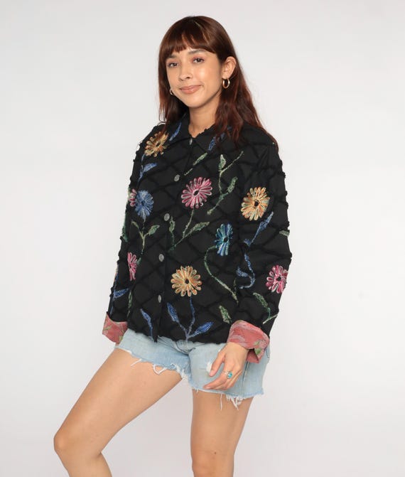 Embroidered Flower Jacket Y2K Black Quilted Cotton Floral Hand Embroidery Colorful Daisy Statement Coat Oversized Vintage Boho Medium M