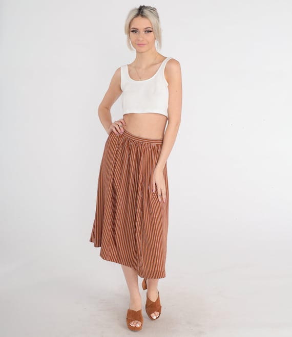 Vintage Brown Striped Skirt 80s Midi Skirt High Waisted Retro White Stripe Print Casual Secretary Preppy Simple Chic 1980s Anne Klein Small