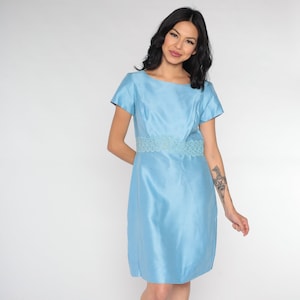 60s Mod Mini Dress Light Blue Dress 60s Party Lace Shift Short Sleeve Dress 1960s Gogo Vintage Sixties Twiggy Plain Minidress Medium 8