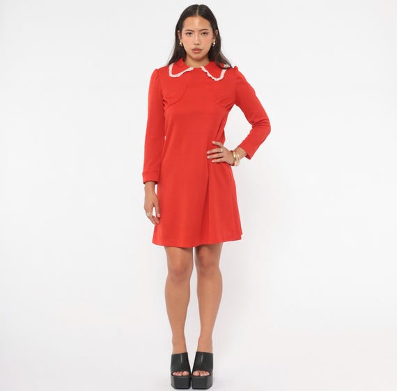 Lace Collar Red Dress 70s Puff Sleeve A Line Mini Peter Pan Neckline Empire Waist  Babydoll Vintage Coquette Mod Frock Petite Medium M